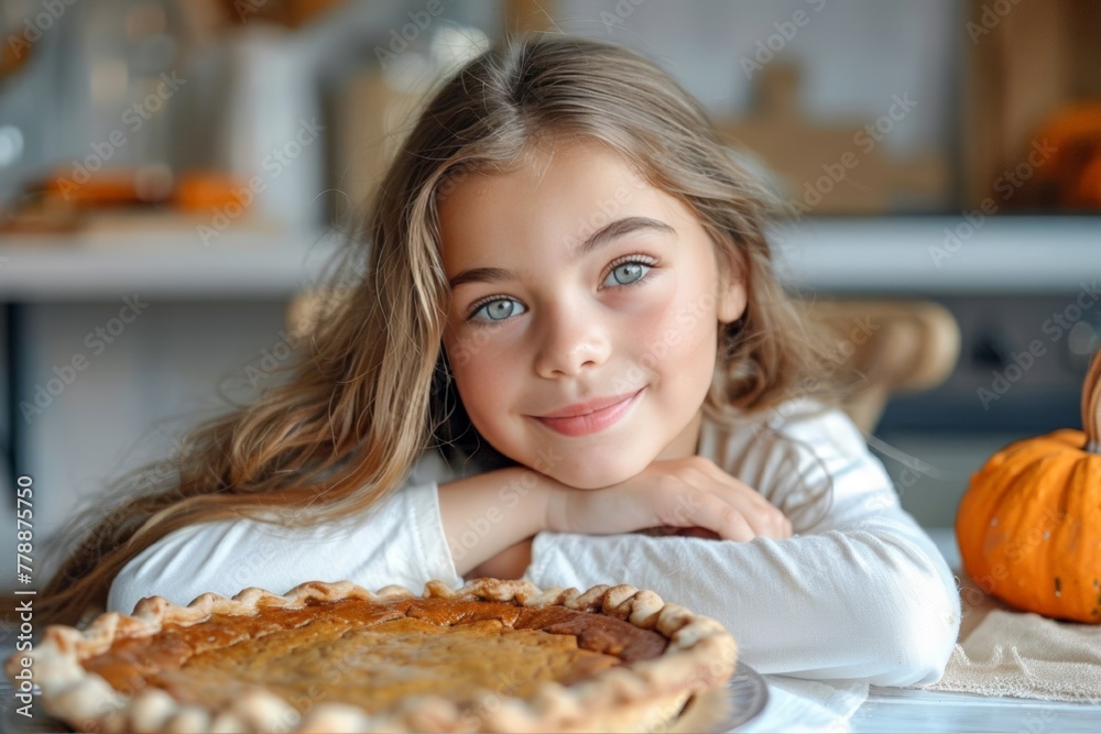 cute little Girl with a large pumpkin pie on the background of a light rustic kitchen. A Thanksgiving card. Traditional seasonal autumn pumpkin desserts. A horizontal illustration with space for text.