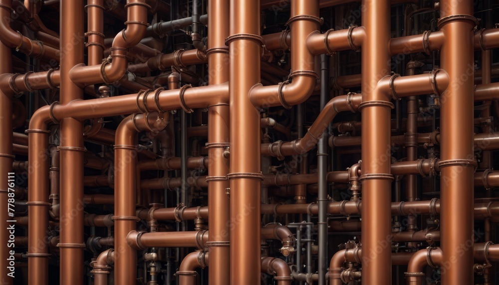 A dense configuration of shiny copper pipes showcases the detail and precision of modern industrial plumbing installations.