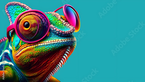 Colourful Chameleon Wearing Glass at Closeup Look with Solid Plain Background ,Chameleon Sitting ,nature ,reptile ,lizard ,dragon , animal ,green , branch ,illustration ,Generative Ai