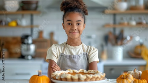 A cute african american Girl with a large pumpkin pie on the background of a light rustic kitchen. A Thanksgiving card. Traditional seasonal autumn pumpkin desserts. 