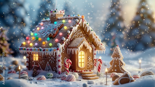 Craft a mesmerizing scene of a Homemade gingerbread house for Christmas, adorned with colorful icing, candy canes, and fairy lights, placed in a snowy wonderland 