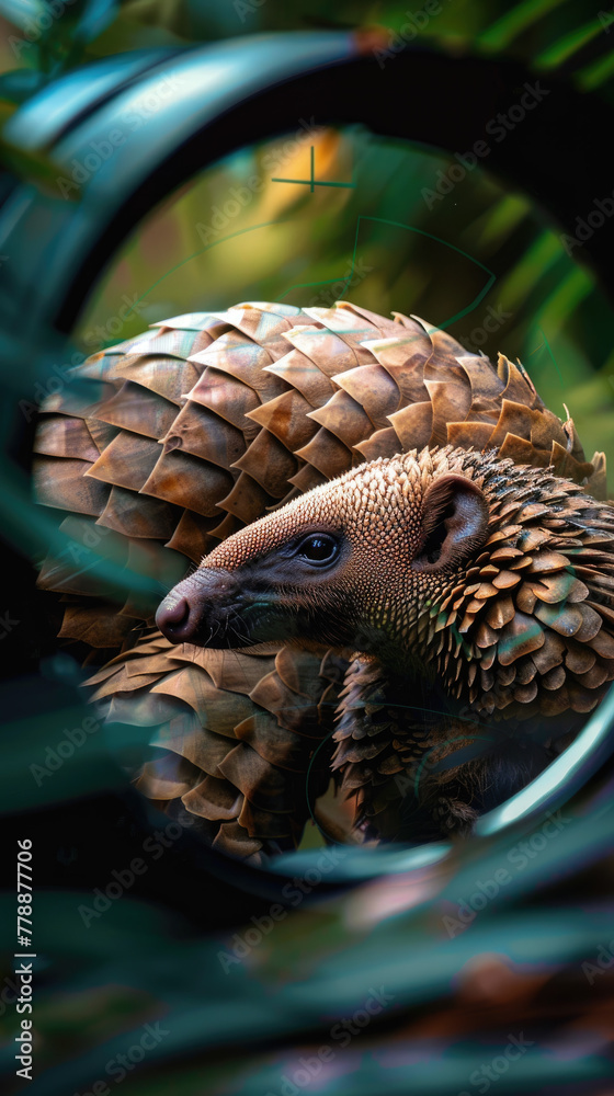 Pangolin in telescopic lens, crosshairs, forest background, photography style, rich colors and details, 8K, UHD