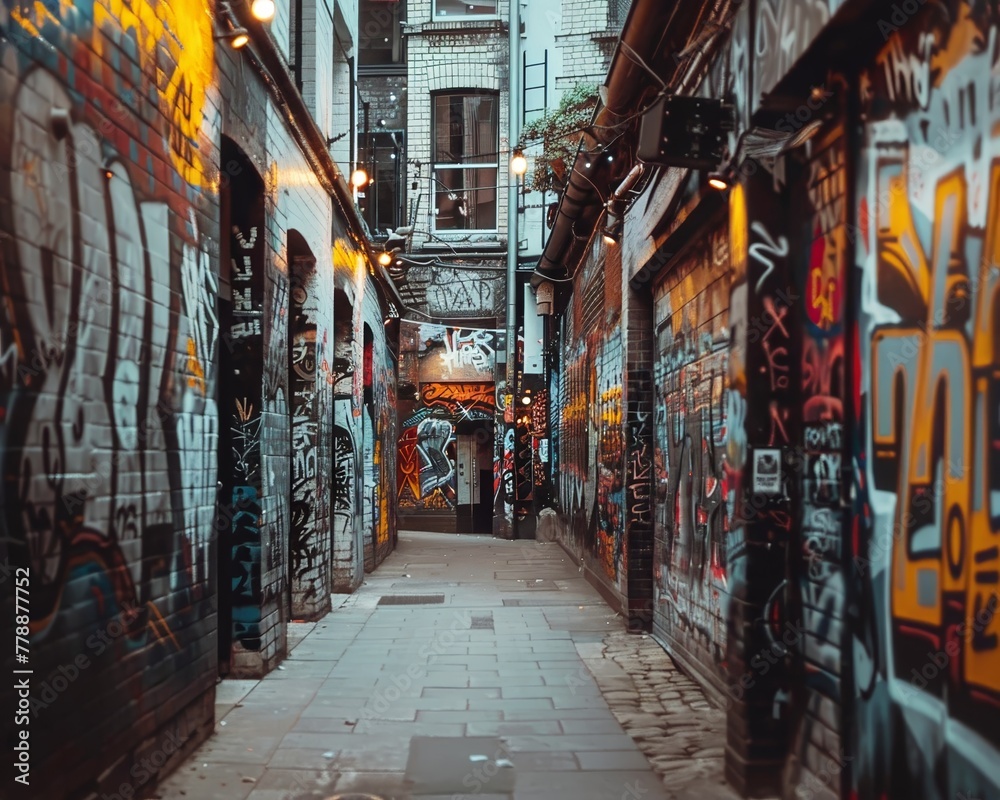 Show a narrow alleyway filled with conflicting graffiti art styles