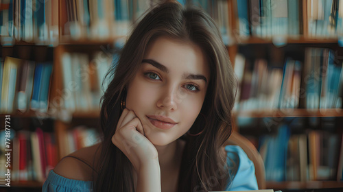 Beautiful girl with a thin smile, woman in library