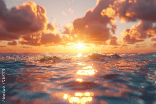 Sunrise over the ocean, horizon ablaze with hope ,3DCG,high resulution,clean sharp focus