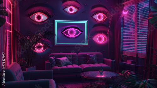 Blue lit apartment with walls covered in eyes - lack of privacy, constant surveillance and control concept