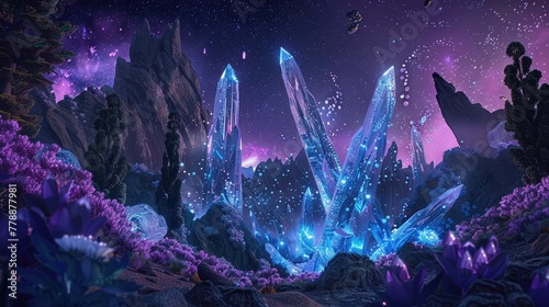 An otherworldly landscape with towering crystalline structures and iridescent flora, bathed in the soft glow of bioluminescent fauna, evoking a sense of wonder and awe.