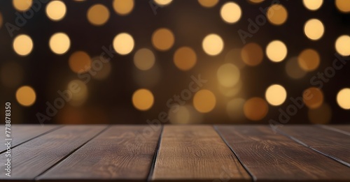 Empty wooden table top with blurred bokeh background for product placement. Product background