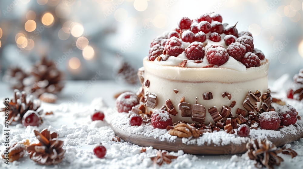   A wooden platter features a cake adorned with white frosting, raspberries, and nuts, surrounded by pine cones