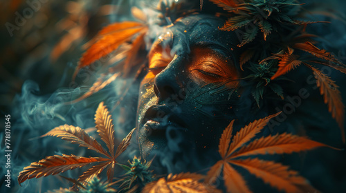 Fantastic, surreal deity with cannabis leaves