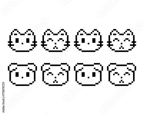 Black and white cat and dog sticker. Kitten and puppy icon outline pixel art isolated element.