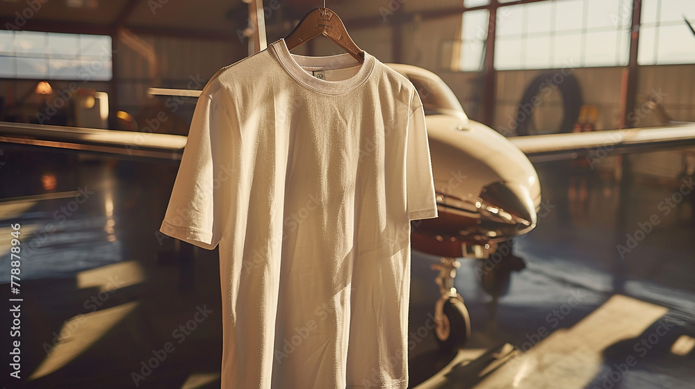 A white shirt is hanging on a wooden hanger next to a small plane