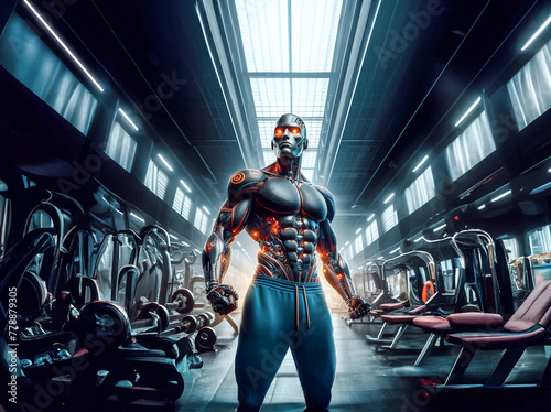 robot bodybuilder pumping in the gym, healthy lifestyle, artificial intelligence assistant in sports, replacing a person in sports
