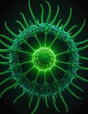 A digital illustration of a virus particle glowing in vibrant green, with intricate surface details accentuating its spherical shape
