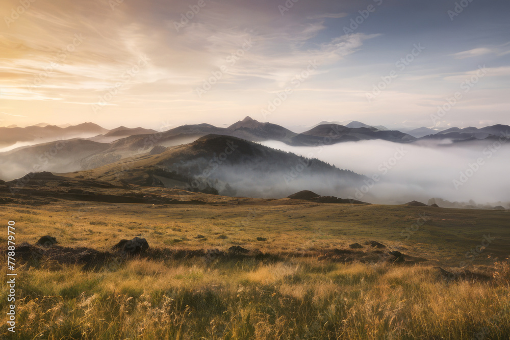 Misty mountain peaks pierce a vibrant sunrise sky in this breathtaking landscape