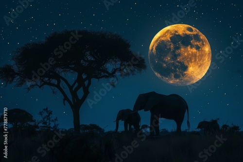 Elephants Under the African Full Moon Night Sky. 