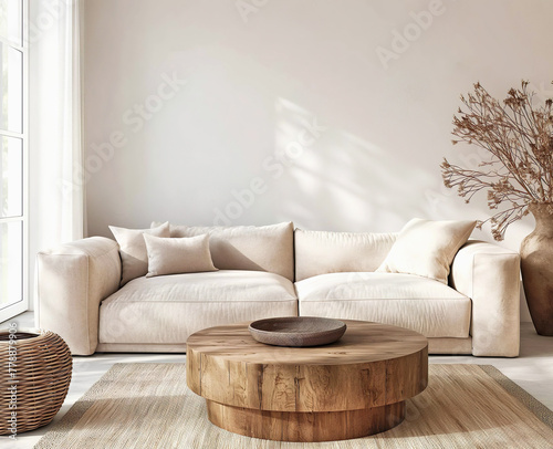 Template of minimalistic boho eco living room with white beige walls and wooden table. Interior mockup with clean walls for pictures, posters, paintings, sculptures, and other wall art. 