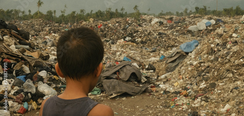 tired poor child kid boy asian, collect garbage for sale because of poverty, Junk recycle, Child labor, Poverty at childhood, human trafficking, fictional location