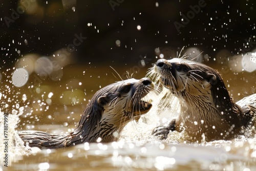 Otters Engaging in a Playful Water Fight.  photo