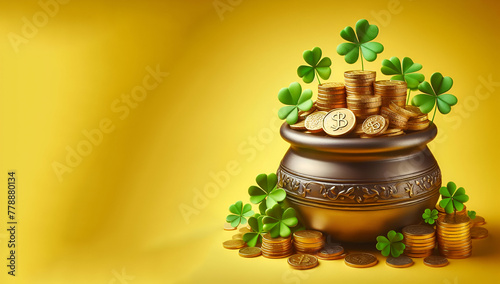 Card for st patricks day with a beautiful clover and gold pot with coins on ayellow background, generative ai photo