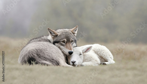 Wolf and sheep lying peacefully together in nature, concept of safety and peace, Film grain effect