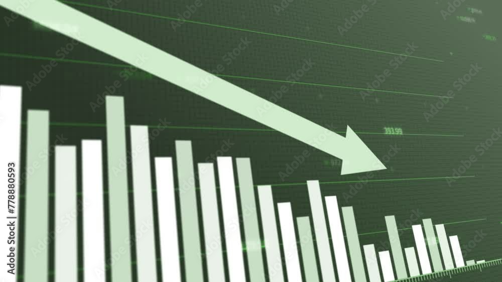 Animated global energy consumption decline with falling bar graphs on green background, significant downturn visualization