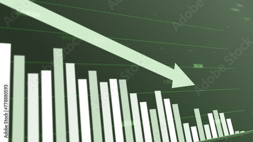 Animated global energy consumption decline with falling bar graphs on green background, significant downturn visualization