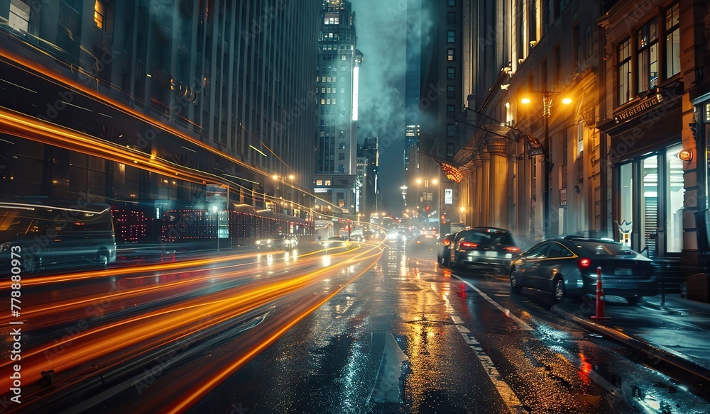 Urban nightscape with vibrant street lights and dynamic city motion