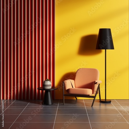 A room with a yellow wall and a black tile floor. Half of the wall features floor-to-ceiling wooden slats. Room,    © Sergey