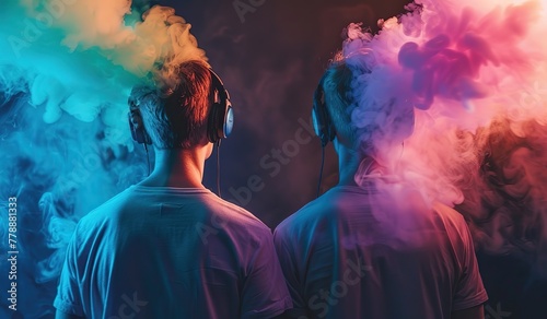 Colorful smoke surrounding two young adults in a creative portrait