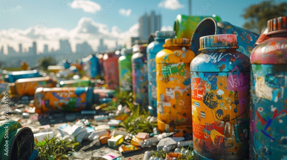 Hazardous waste , chemicals, paint, garbage and environmental pollution, futuristic background