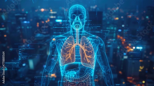 Health problems   respiratory  cardiovascular  garbage and environmental pollution  futuristic background