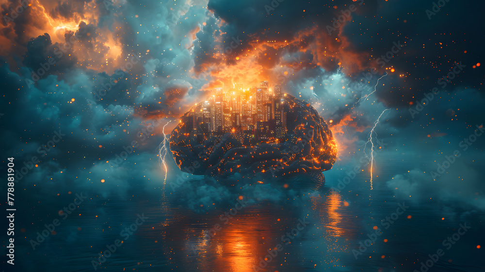 A powerful visual metaphor of a fiery brain merged with a glowing cityscape, illustrating the fusion of human intelligence with urban progress - obrazy, fototapety, plakaty 