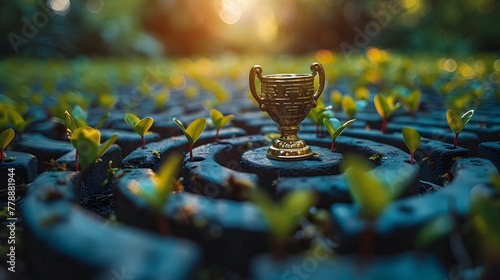 A golden trophy stands out among growing green seedlings, metaphorically highlighting achievement in sustainability