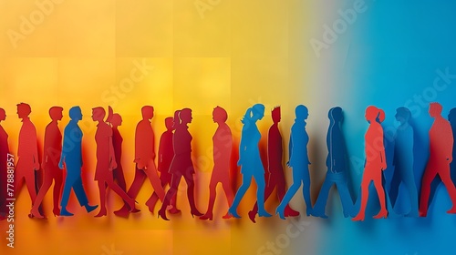 Paper cut-outs depicting silhouettes of people in red, blue, and yellow designed to promote autism awareness disorder disability depicting and space, Generative AI. photo