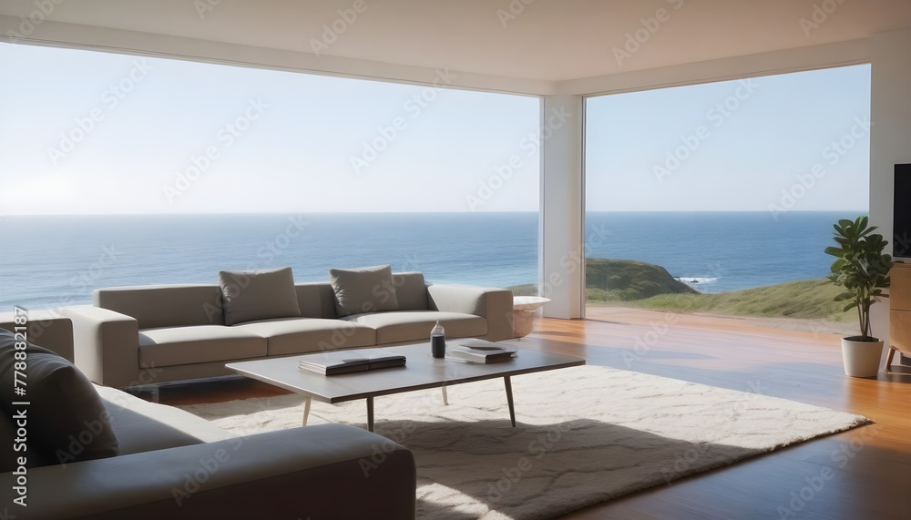 Contemporary living room overlooking the ocean. The concept of exotic luxury living on the ocean coast.
