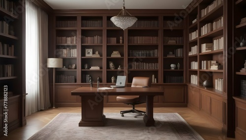 Room with bookcase, shelf, conference room, office. Concept of an old office of a teacher or politician.  © Yauhen