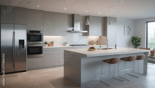Modern kitchen interior. Stainless steel appliances. The concept of a fashionable kitchen interior in a modern residential complex. 