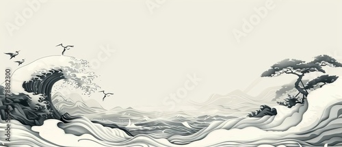 In this invitation card template, you will find an abstract landscape with an Asian traditional banner design with a Japanese hand drawn wave pattern modern. A nature art background with crane birds