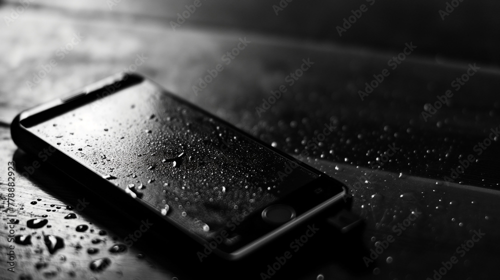 wet cellphone on the table, rainy weather, black and white wet cellphone on the table, rainy weather, black and white