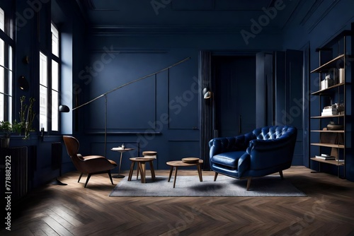 Minimalist interior featuring a luxurious leather armchair, wooden floors, and a sophisticated dark blue wall. photo
