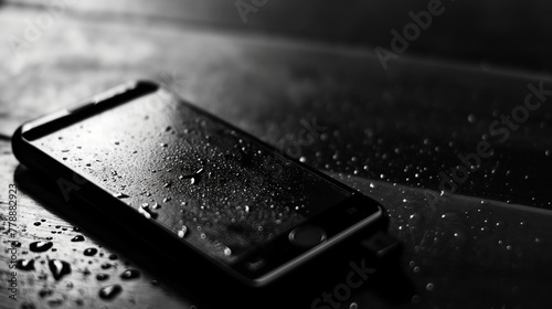 wet cellphone on the table, rainy weather, black and white photo