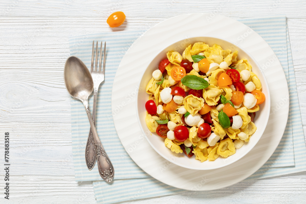 tortellini salad with tomatoes, mozzarella in bowl tortellini salad with tomatoes, mozzarella in bowl