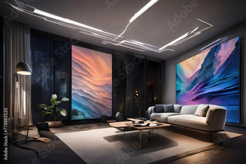 A high-tech living space with smart lighting and integrated audio, featuring a wall mockup displaying a digital art installation that changes with the mood.