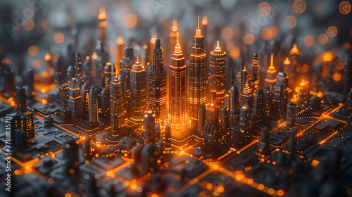 A macro perspective of a city resembling a glowing circuit board in warm orange tones