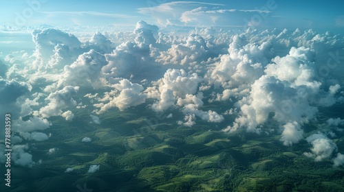  An image captured by an airborne aircraft depicting cloud formations above terrain and water in the foreground
