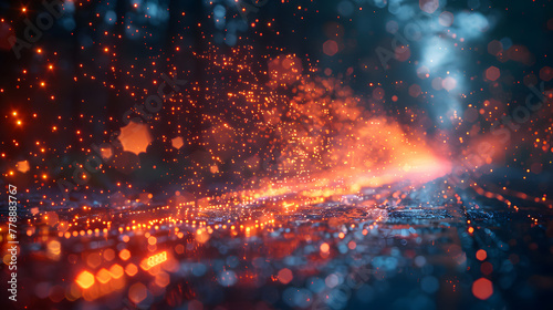Abstract representation of streaming data with glowing red particles and bokeh, symbolizing network data flow and connectivity