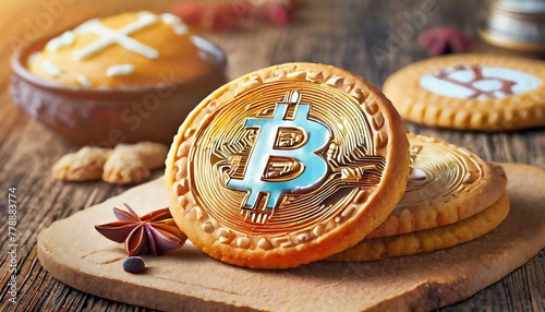 a cookie shaped like a bitcoin, blending the world of cryptocurrency with the sweetness of a baked treat