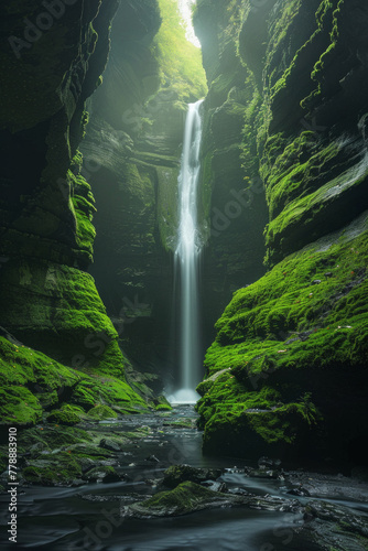 A beautiful waterfall surrounded by green moss