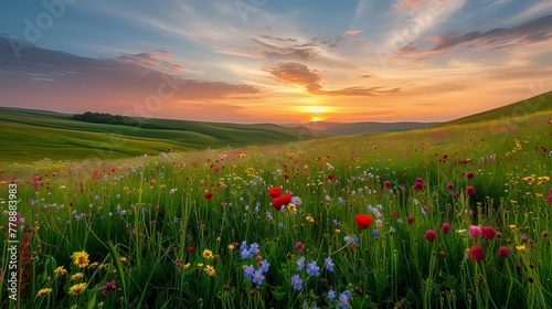 Golden Sunset Over Wildflower Fields. n